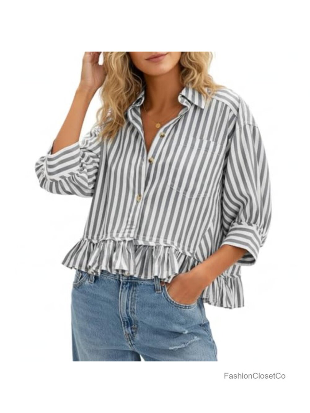 Womens Ruffle Striped Blouse 3/4 Sleeve Button Down Dressy Casual Shirt